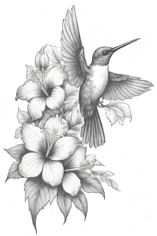 hummingbird with hibiscus and leaves tattoo design idea