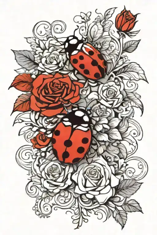 Floral arrangement incorporating elements like a ladybug, rose and a space for a name to go on tattoo design idea