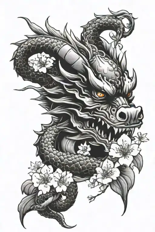 dragon with a samurai mask biting a part of the dragon, with cherry blossoms tattoo design idea