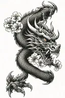 dragon with a samurai mask biting a part of the dragon, with cherry blossoms tattoo design idea
