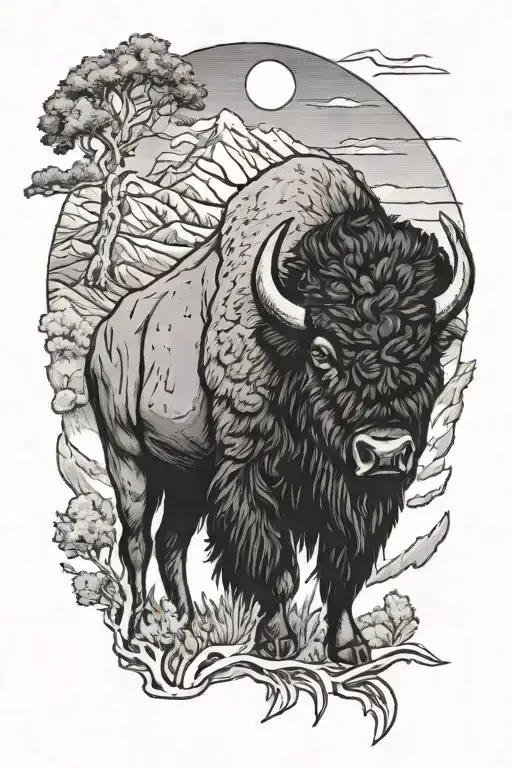 Bison with mountains and trees in the background tattoo design idea
