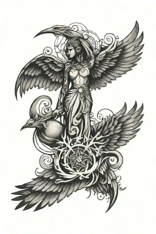 a six-winged seraphim with wings and horns in an abstract style forearm tattoo design idea