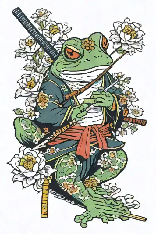 samurai frog with katana and cigarette, many flowers around this frong in Japanese style  tattoo design idea