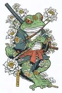 samurai frog with katana and cigarette, many flowers around this frong in Japanese style  tattoo design idea