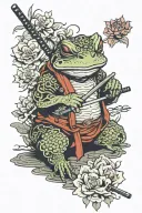 samurai frog with katana and cigarette, many flowers around this frong in Japanese style  tattoo design idea
