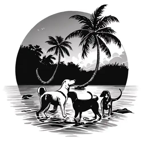 sea with coconut trees and dogs playing together tattoo design idea