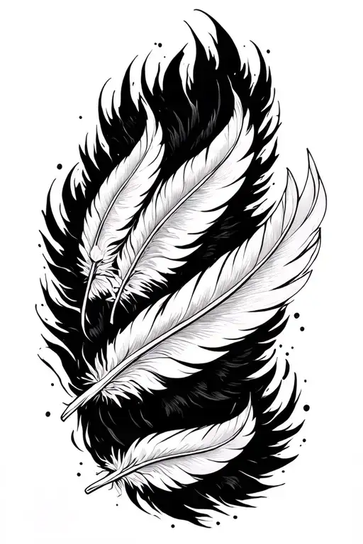 Black and white tattoo of several angelic feathers drawn in traditional Japanese sumi-e ink style, gently rising upward  tattoo design idea