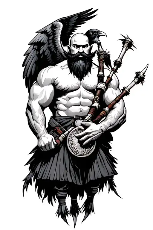 muscular bagpiper bald black beard black huge wings on his back flying crow with claws tattoo design idea