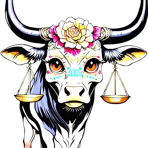 feminine bull with sugar skull markings, brown eyes and two Libra scales and dark background tattoo design idea