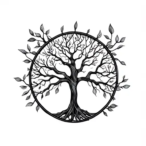 Minimalist Tree of Life tattoo, thin black lines, circular frame, elegant branches and leaves, line art style tattoo design idea