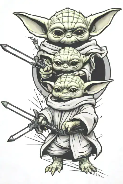 baby yoda and baby dragon hovering over a light saber and a sword crossed tattoo design idea