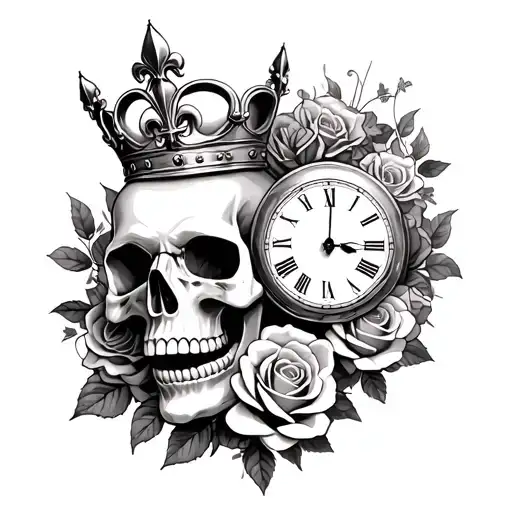 lovers skull wearing a crown surrounded with roses and fleur de lis and clock tattoo design idea