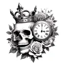 lovers skull wearing a crown surrounded with roses and fleur de lis and clock tattoo design idea