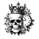lovers skull wearing a crown surrounded with roses and fleur de lis and clock tattoo design idea