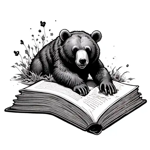 Fine line open book with a grizly bear coming out of it  tattoo design idea
