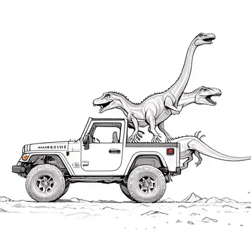 2 velociraptors attacking jeep wrangler tattoo design idea