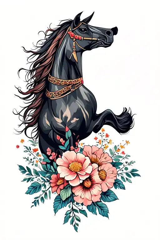 war horse and flowers tattoo design idea