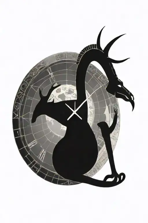 Clock with 12:00 AM as main focus. With the moon, the sun and the earth, with a small capricorn sign tattoo design idea