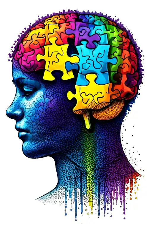 autism rainbow puzzle piece and brain with blue purple shading tattoo design idea