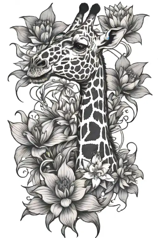 giraffe with larkspur and waterlily. viking theme tattoo design idea