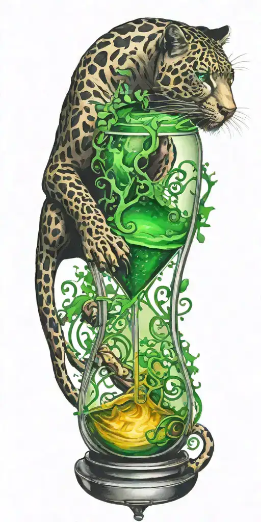 An hourglass Melting Into A Puddle Of Music Notes With A panther Silhouette Howling In The Background with green eyes tattoo design idea