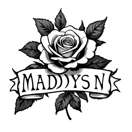 "Madyson" in old english font with a rose tattoo design idea