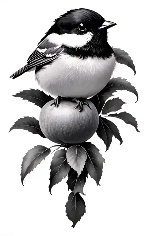 Black capped chickadee perched on a peach fruit tattoo design idea