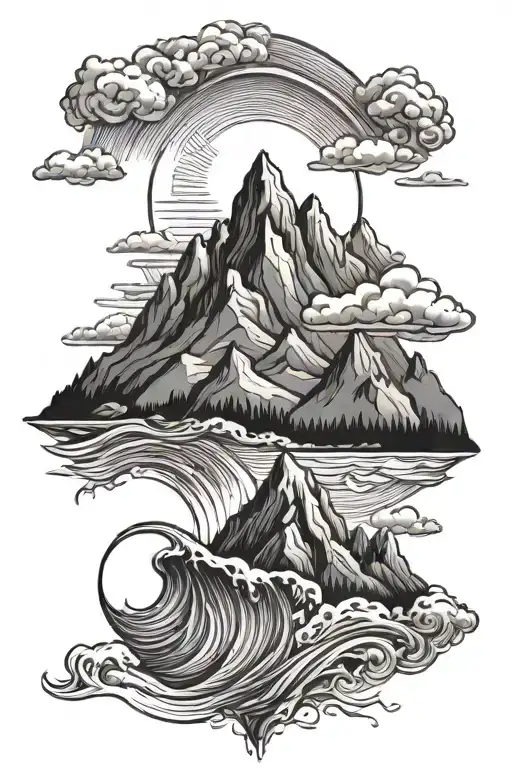 mountains sun and sea wave line tattoo tattoo design idea