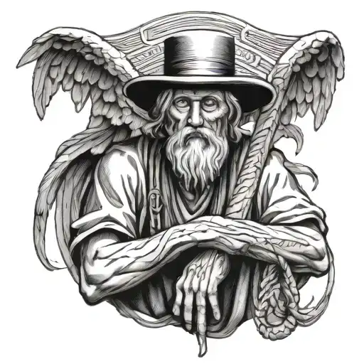old but wise male angel with wings and wearing a peasant's straw hat tattoo design idea
