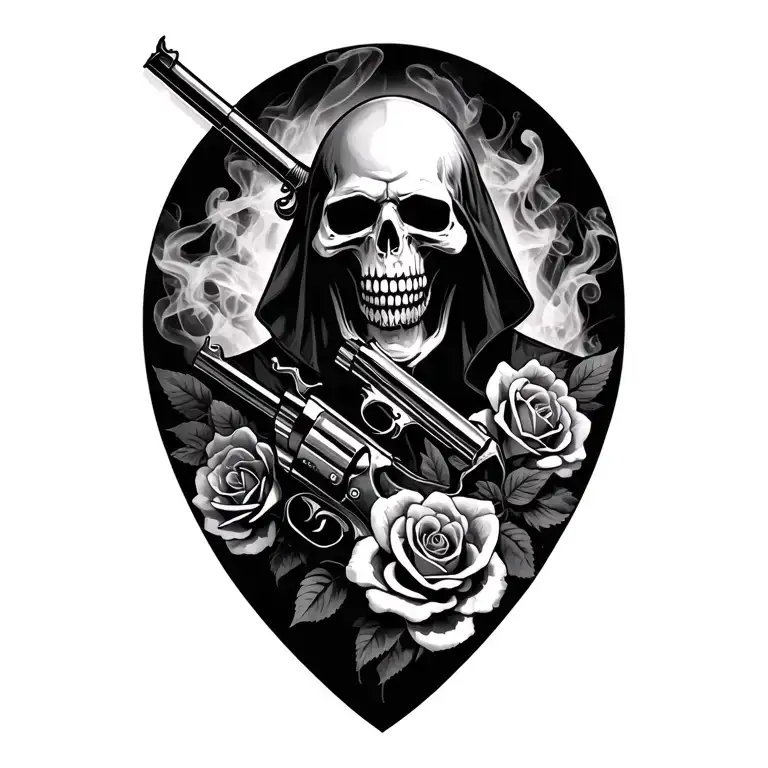 grim reaper revolver, smoked background with roses  tattoo design idea