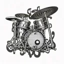 A tattoo design featuring a drum set surrounded by musical notes and a treble clef tattoo design idea
