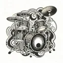 A tattoo design featuring a drum set surrounded by musical notes and a treble clef tattoo design idea