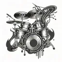 A tattoo design featuring a drum set surrounded by musical notes and a treble clef tattoo design idea