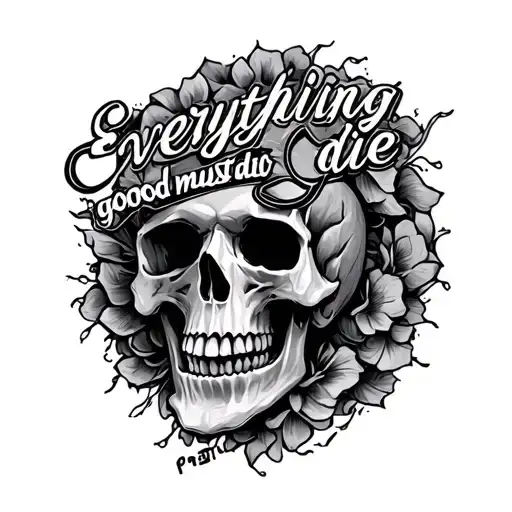 skull with the words in quotes, "everything good must die" tattoo design idea