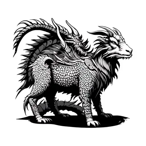 Polynesian goat beside a dragon protector standing guard tattoo design idea