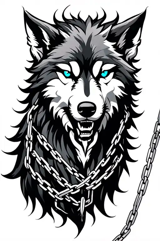 Norse Fenrir wolf breaking chains with blue eyes tattoo design idea
