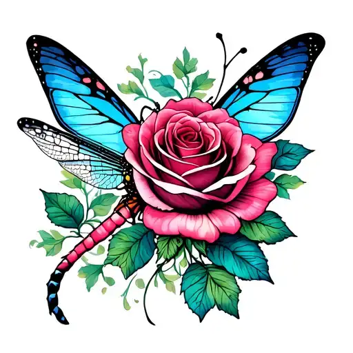 rose dragonfly and butterfly tattoo design idea