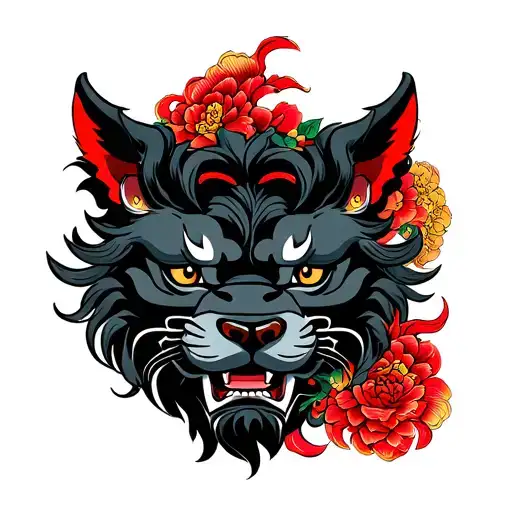 Chinese Lion half fudog head tattoo tattoo design idea