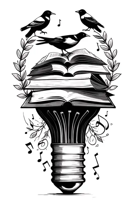 Pile of books with open book on top Floating out a lightbulb and musical notes 2 magpies Broken column laurel wreath  tattoo design idea