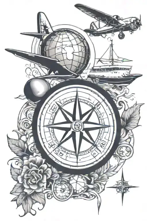 travel inspired tattoo featuring compass, plane, globe tattoo design idea