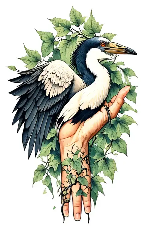 Create a crane wing pointing down towards the hand on the exterior of arm and add vine/leaves tattoo design idea