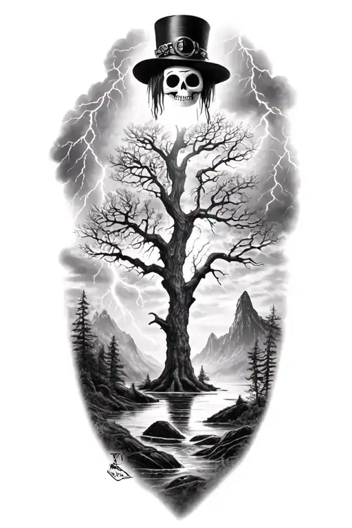 voodoo doll with cylinder hat and lightining storm and fjord and nature, big tree tattoo design idea