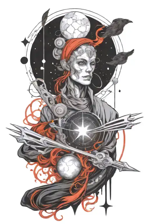 A full-sleeve tattoo design inspired by Brandon Sanderson’s Cosmere universe. Incorporate intricate and glowing Surgebin tattoo design idea