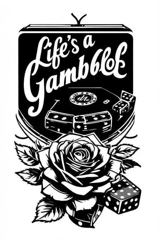 "Life's a Gamble" casino chips, craps table rolling dice with rose underneath tattoo design idea