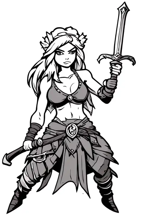 female barbarian holding a sword in the style of adventure time tattoo design idea