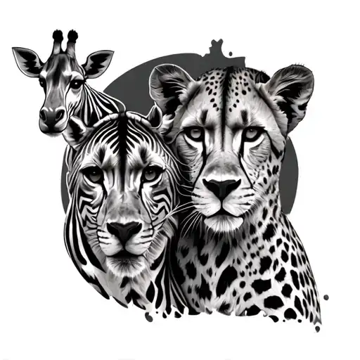 leg sleeve tattoo with zebra lioness cheetah and giraffe tattoo design idea
