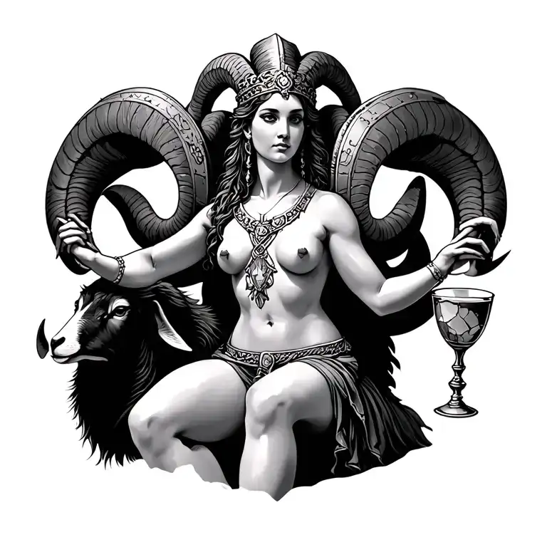 a roman woman sitting on the back of a ram with a cracked shield in the one hand and a goblet in the other hand tattoo design idea