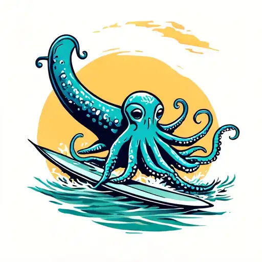 cartoon squid riding a surfboard tattoo design idea