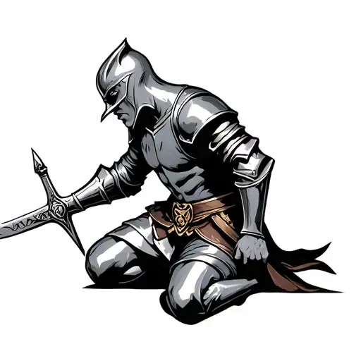 kneeling knight with sword tattoo design idea
