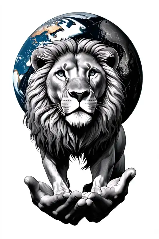 lion Atlas with human body holding up the world tattoo design idea